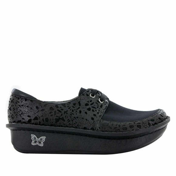 Alegria by PG Lite DAN-435 Delicut Black Paisley Leather Tie Front Clogs 38 - Picture 1 of 16